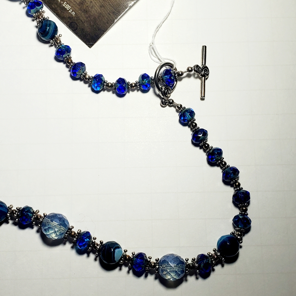Flower Agate Pendant Necklace with Blue Czech Glass & Blue Banded Agate Beads - Picture 6 of 13